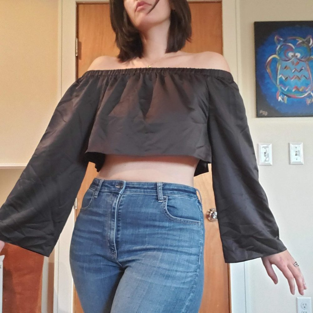 COLLUSION black satin off the shoulder crop top